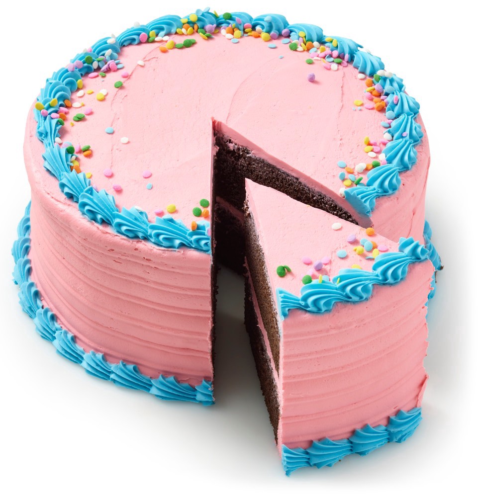 slide 3 of 3, Bakery Fresh Double Layer Chocolate Cake with Pink and Blue Icing, 48 oz