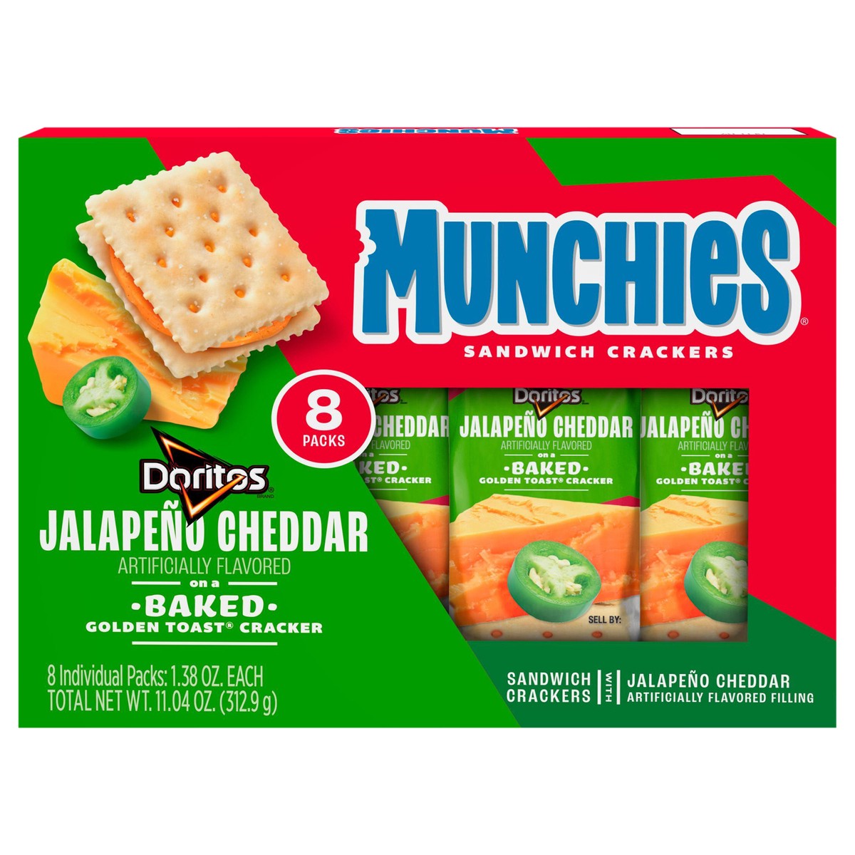 slide 1 of 9, Munchies Sandwich Crackers Doritos Jalapeno Cheddar Artificially Flavored 1.38 Oz 8 Count, 8 ct