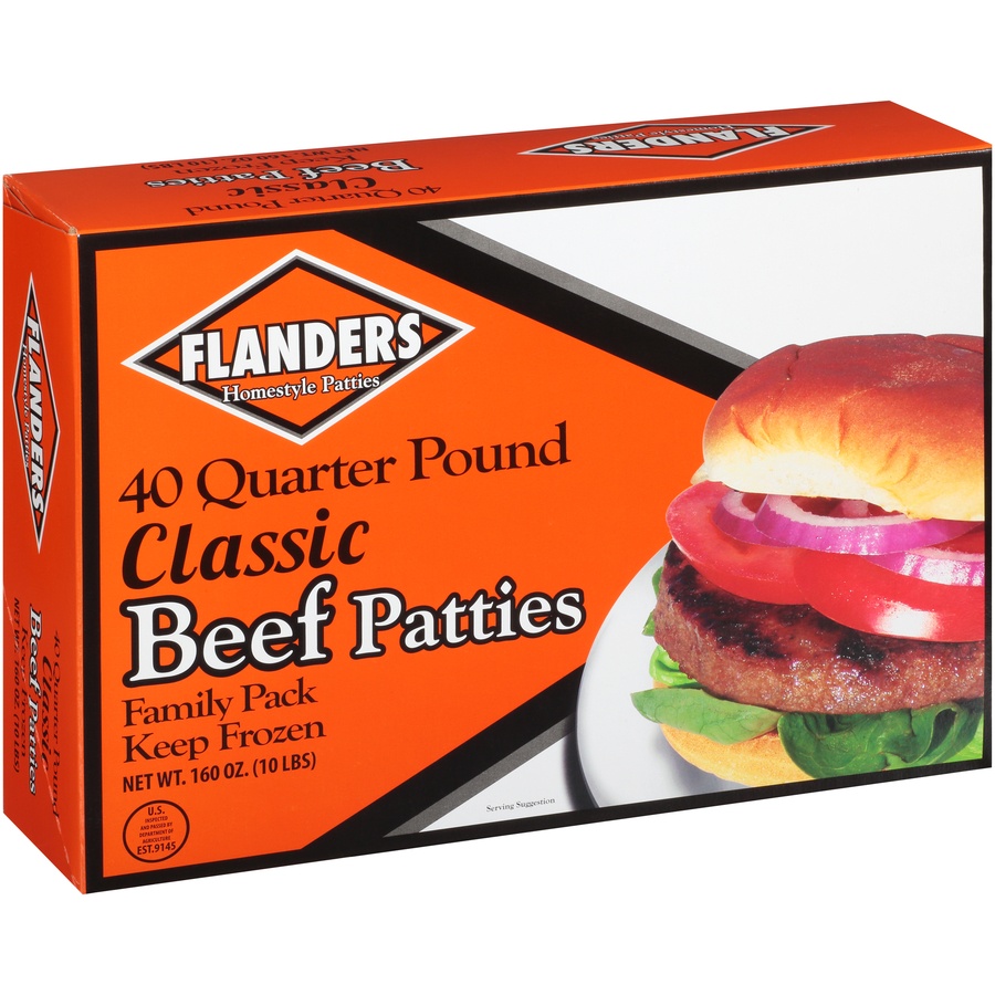 slide 2 of 8, Flanders Beef Patty, 160 oz