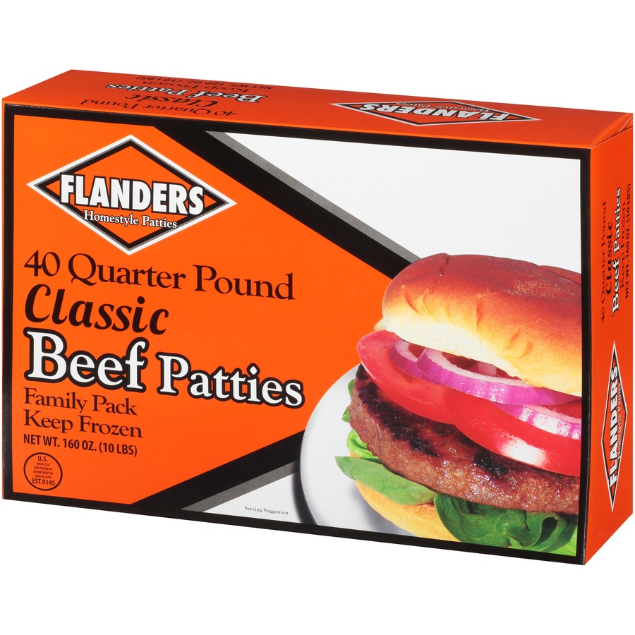 slide 4 of 8, Flanders Beef Patty, 160 oz