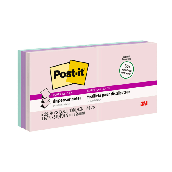 slide 3 of 10, Post-it Super Sticky Dispenser Pop-Up Notes, 3" X 3", Wanderlust Pastels Collection, 90 Sheets Per Pad, Pack Of 10 Pads, 10 ct