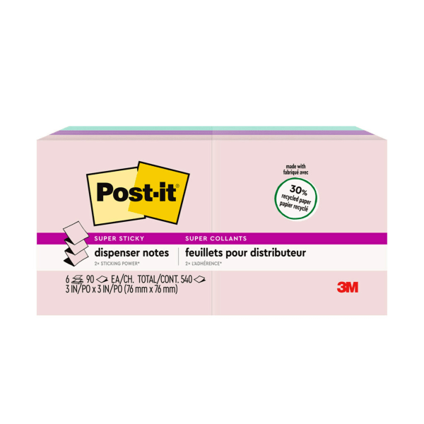 slide 4 of 10, Post-it Super Sticky Dispenser Pop-Up Notes, 3" X 3", Wanderlust Pastels Collection, 90 Sheets Per Pad, Pack Of 10 Pads, 10 ct