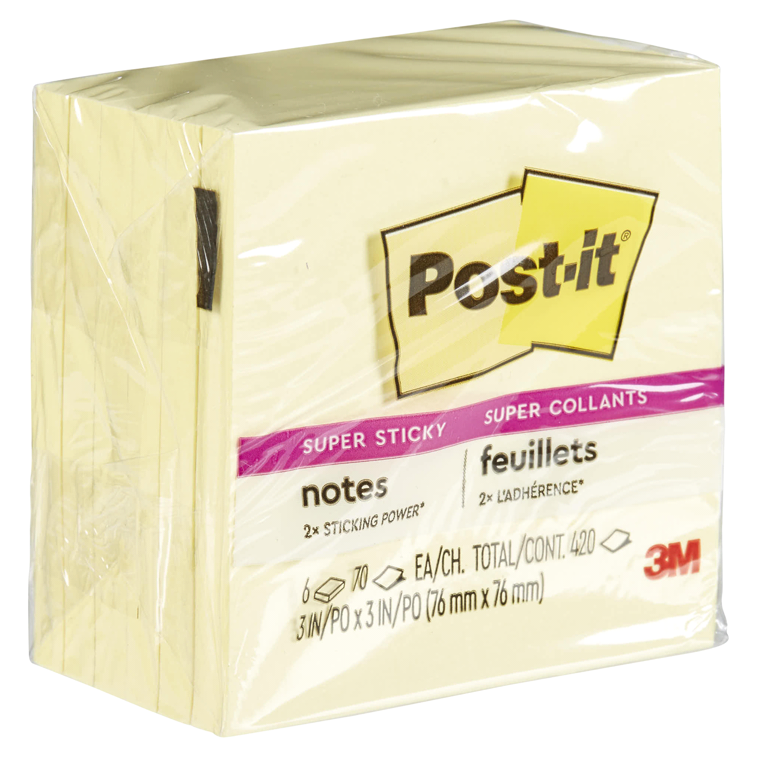 slide 4 of 5, 3M Post-it Super Sticky Notes, 3 in x 3 in, Canary Yellow, 6 Pads/Pack, 1 ct