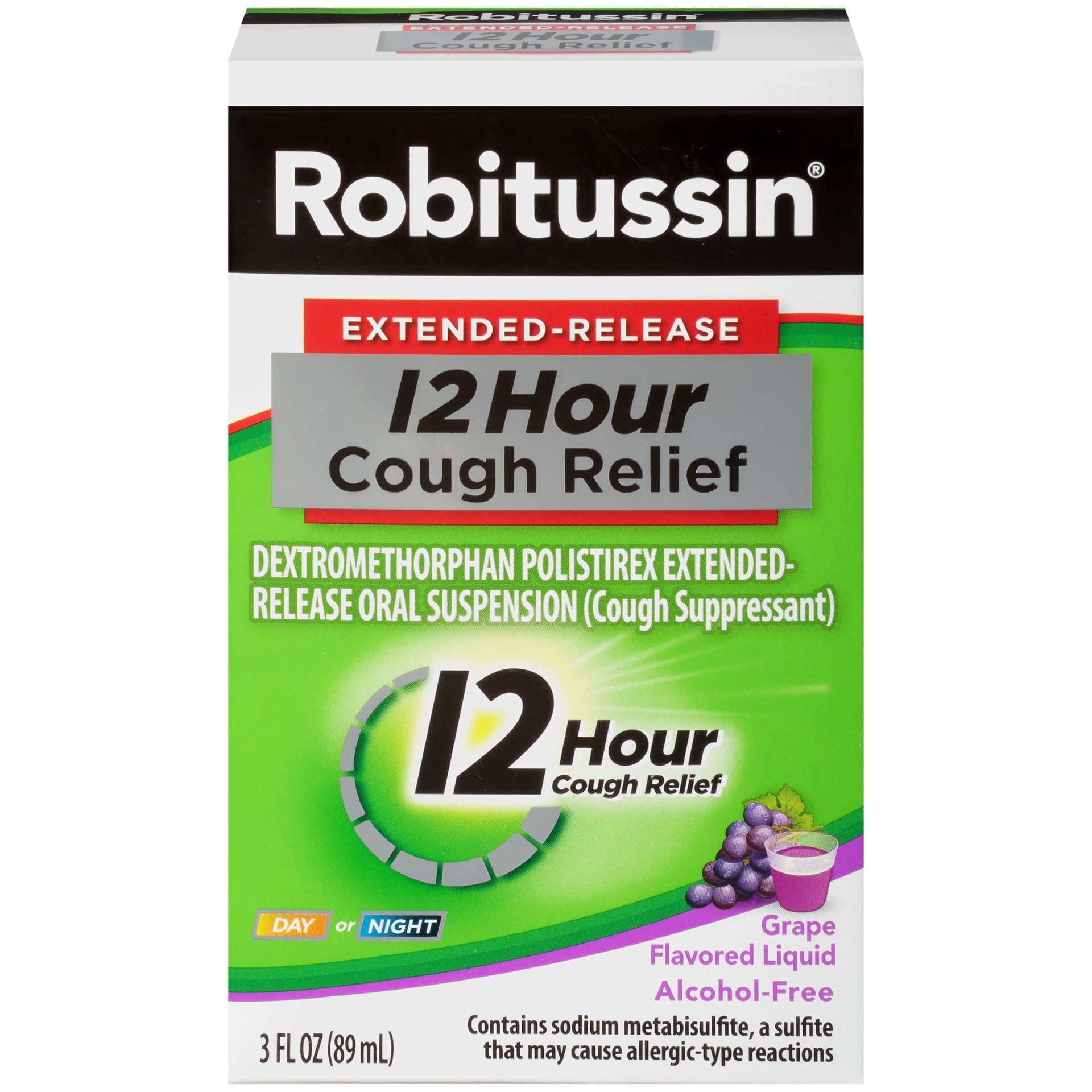 slide 1 of 6, Robitussin Extended-Release 12 Hour Cough Relief (3 fl. oz. Bottle, Grape Flavor), Alcohol-free Cough Suppressant, 3 oz