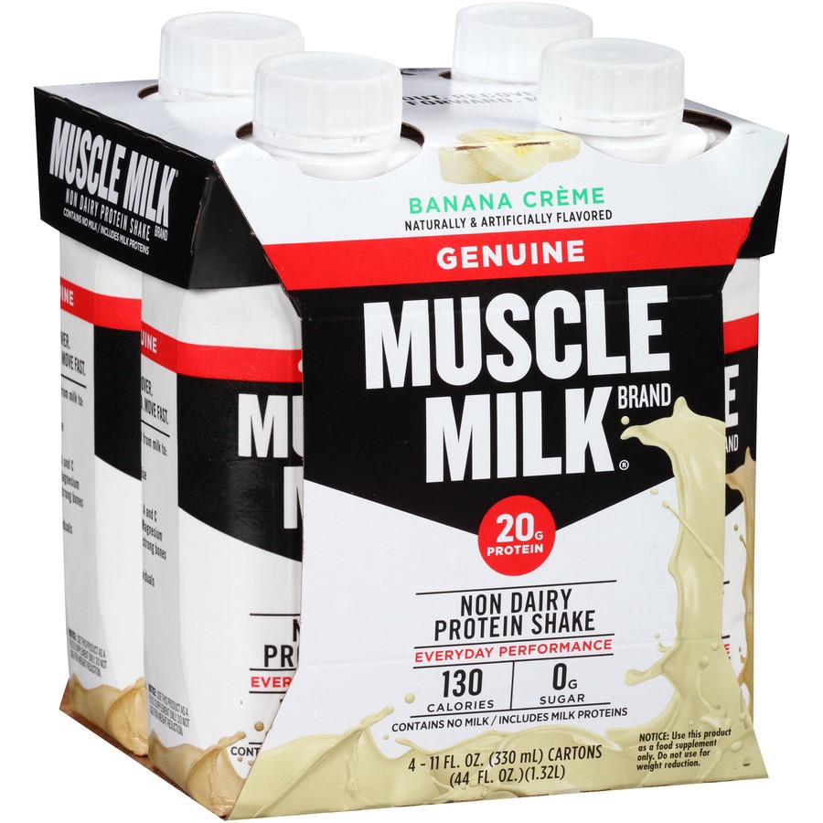 slide 2 of 8, Muscle Milk Genuine Non Dairy Protein Shake Banana Creme 11 Fl Oz 4 Count, 4 ct; 11 oz