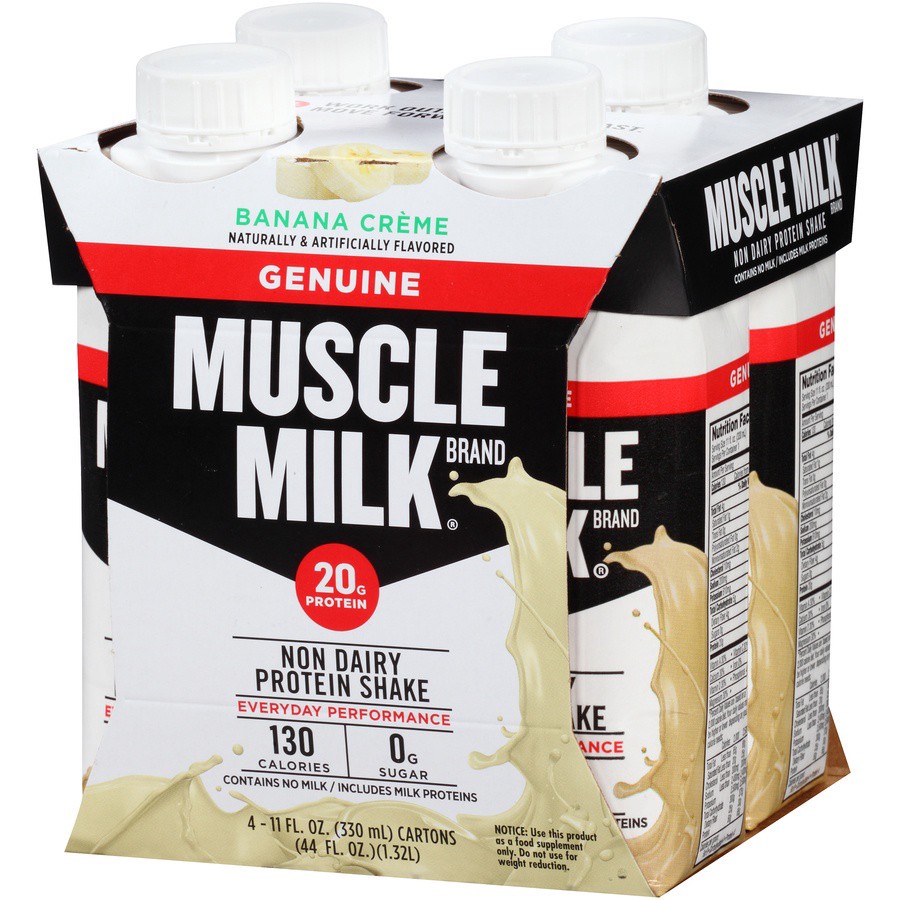 slide 3 of 8, Muscle Milk Genuine Non Dairy Protein Shake Banana Creme 11 Fl Oz 4 Count, 4 ct; 11 oz