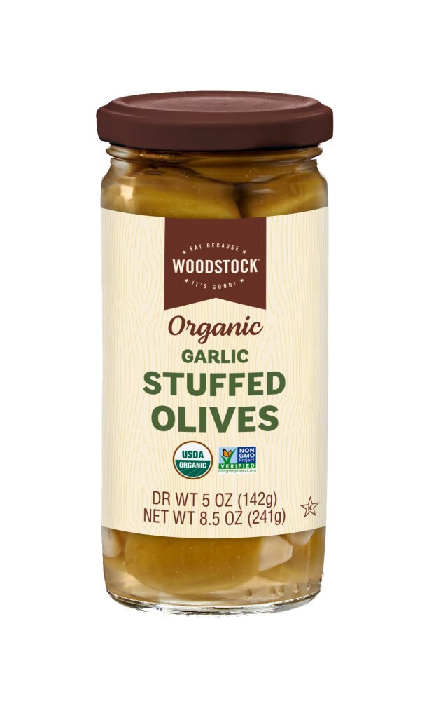 slide 1 of 1, Woodstock Org Garlic Stfd Olives, 8.5 oz