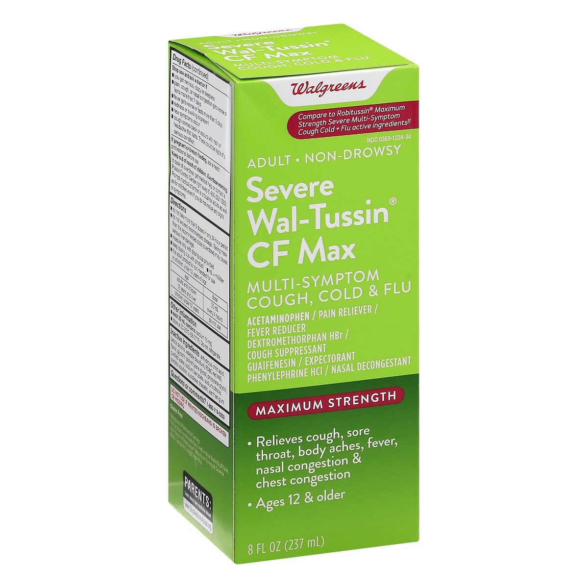 slide 2 of 9, Walgreens Severe Wal-Tussin CF Max Multi-Symptom Cough Cold and Flu, 8 fl oz