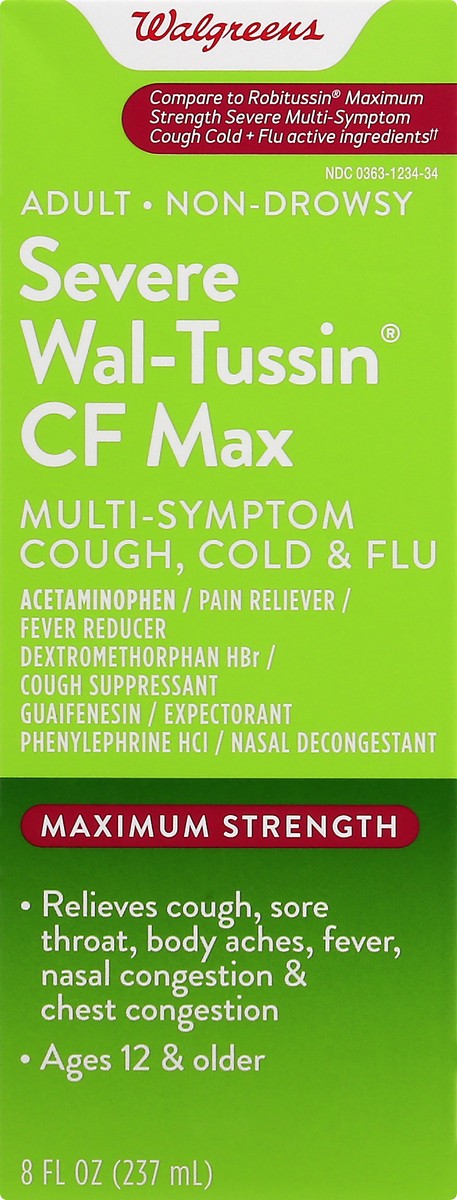 slide 8 of 9, Walgreens Severe Wal-Tussin CF Max Multi-Symptom Cough Cold and Flu, 8 fl oz