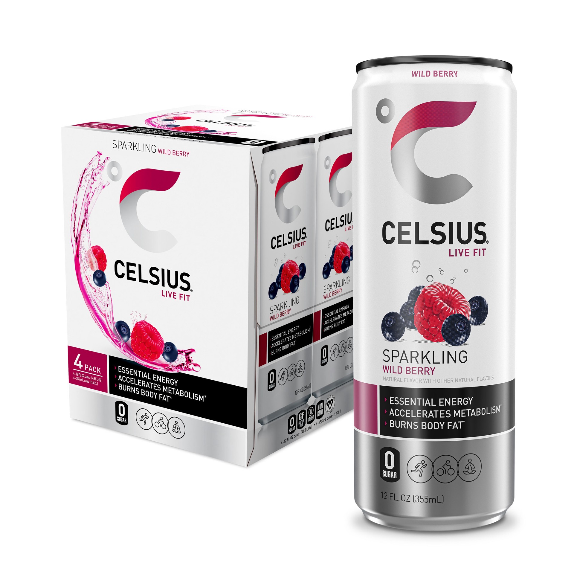 slide 1 of 4, CELSIUS Sparkling Wild Berry, Functional Essential Energy Drink 12 Fl Oz (Pack of 4), 4 ct; 12 fl oz