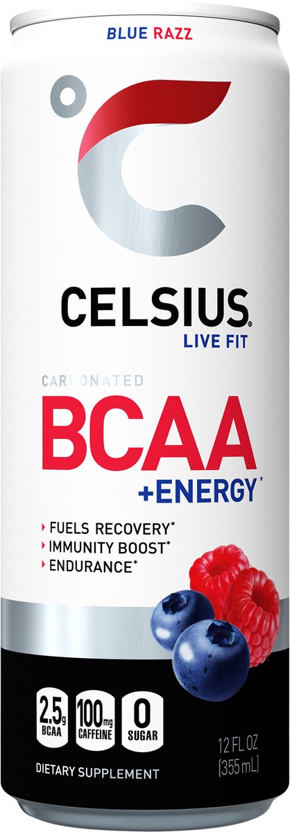 slide 3 of 7, CELSIUS BCAA Sparkling Blue Razz, Functional, Essential Energy Drink 12 Fl Oz Single Can, 12 fl oz