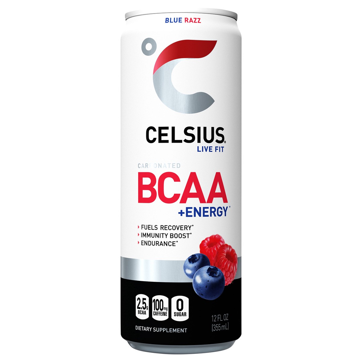 slide 1 of 7, CELSIUS BCAA Sparkling Blue Razz, Functional, Essential Energy Drink 12 Fl Oz Single Can, 12 fl oz