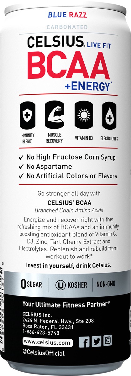 slide 4 of 7, CELSIUS BCAA Sparkling Blue Razz, Functional, Essential Energy Drink 12 Fl Oz Single Can, 12 fl oz