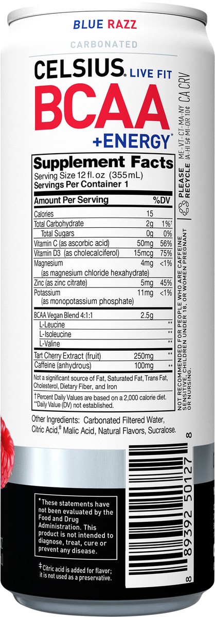 slide 5 of 7, CELSIUS BCAA Sparkling Blue Razz, Functional, Essential Energy Drink 12 Fl Oz Single Can, 12 fl oz