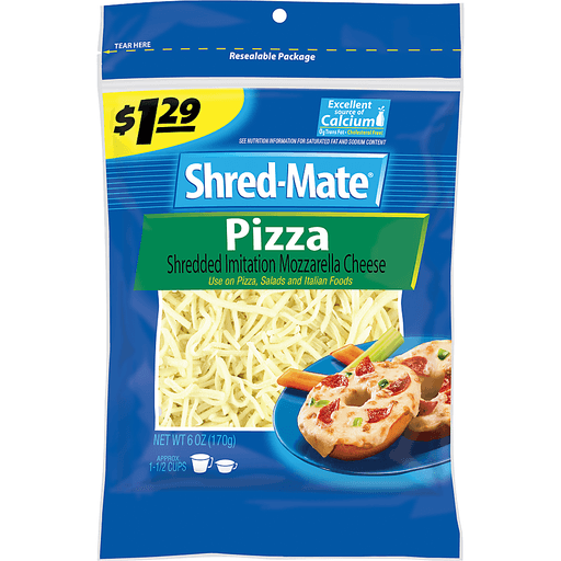 slide 1 of 1, Shred-Mate Pizza Shredded Imitation Mozzarella Cheese $1.29 Prepriced, 6 oz