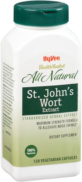 slide 1 of 1, Hy-Vee HealthMarket All Natural St. John's Wort Extract Dietary Supplement Vegetarian Capsules, 120 ct