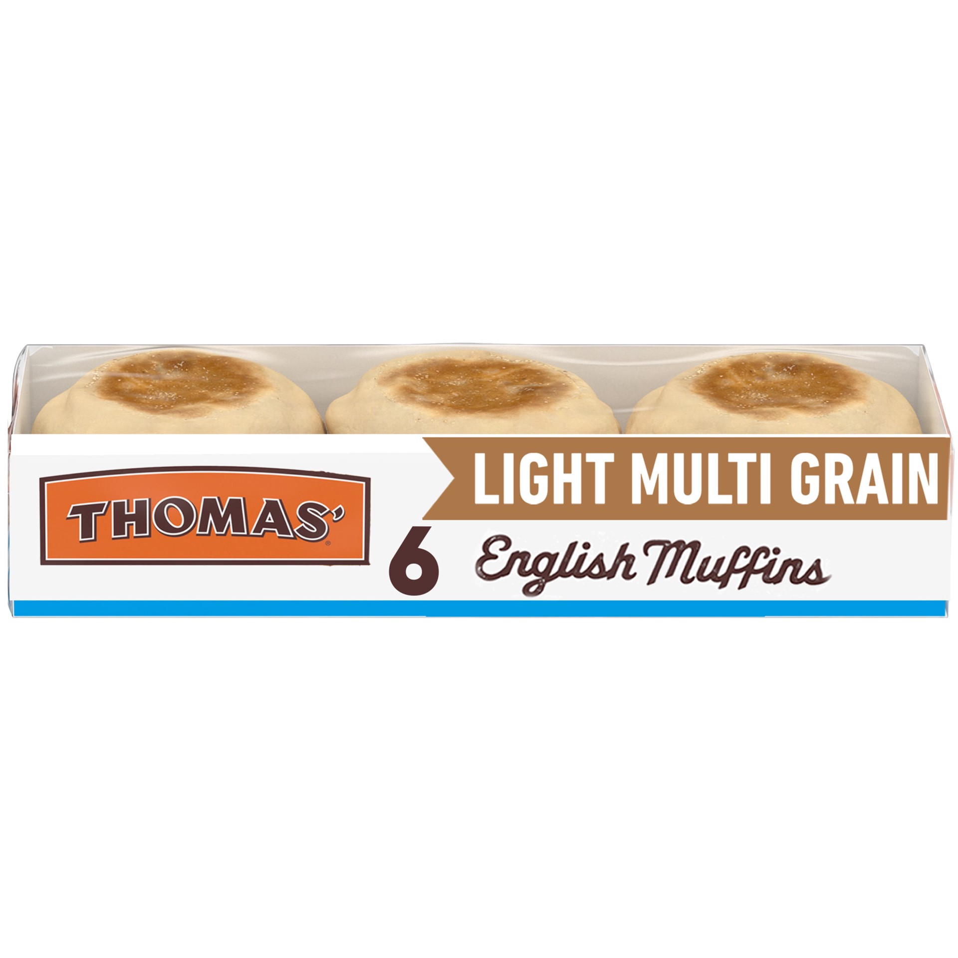 slide 1 of 7, Thomas' Light Multi Grain English Muffins, 6 count, Multi-Grain English Muffins, 12 oz Tray, 6 ct