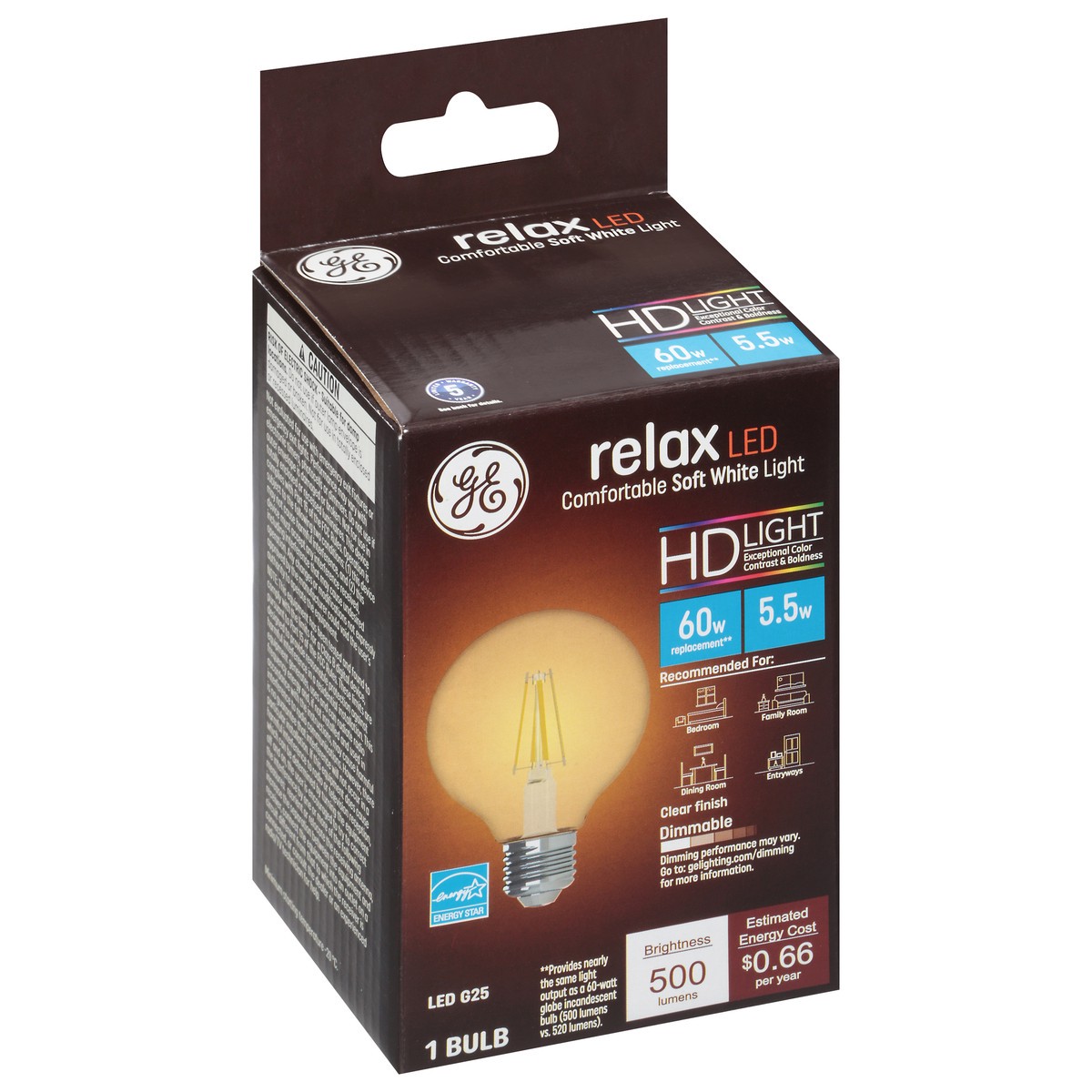 slide 2 of 9, GE Household Lighting Relax LED HD Globe Light Bulb 5.5W 60W Equivalent, 25 1 ct