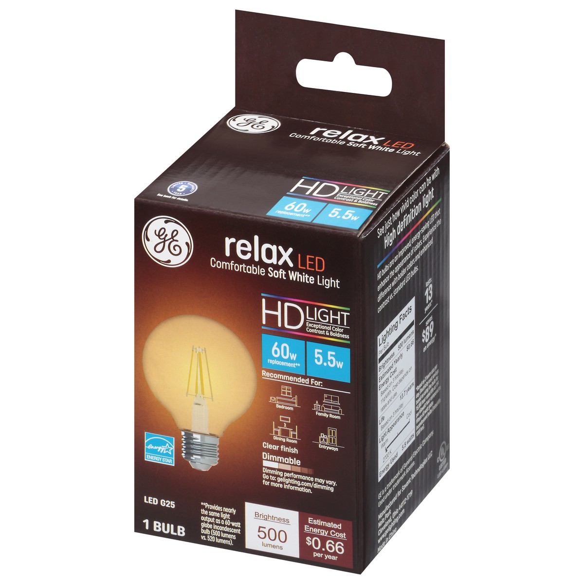 slide 6 of 9, GE Household Lighting Relax LED HD Globe Light Bulb 5.5W 60W Equivalent, 25 1 ct