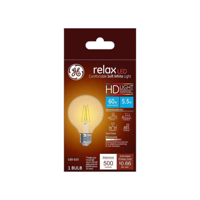 slide 1 of 9, GE Household Lighting Relax LED HD Globe Light Bulb 5.5W 60W Equivalent, 25 1 ct