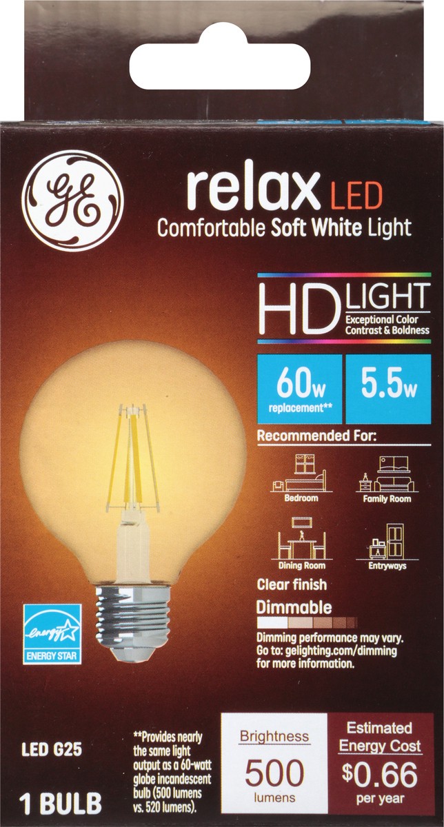 slide 4 of 9, GE Household Lighting Relax LED HD Globe Light Bulb 5.5W 60W Equivalent, 25 1 ct
