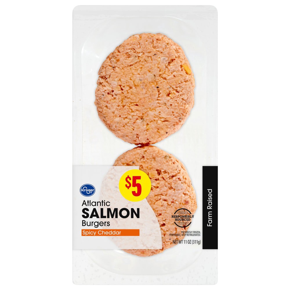 slide 2 of 2, Kroger Spicy Cheddar Atlantic Salmon Burgers, 11 oz
