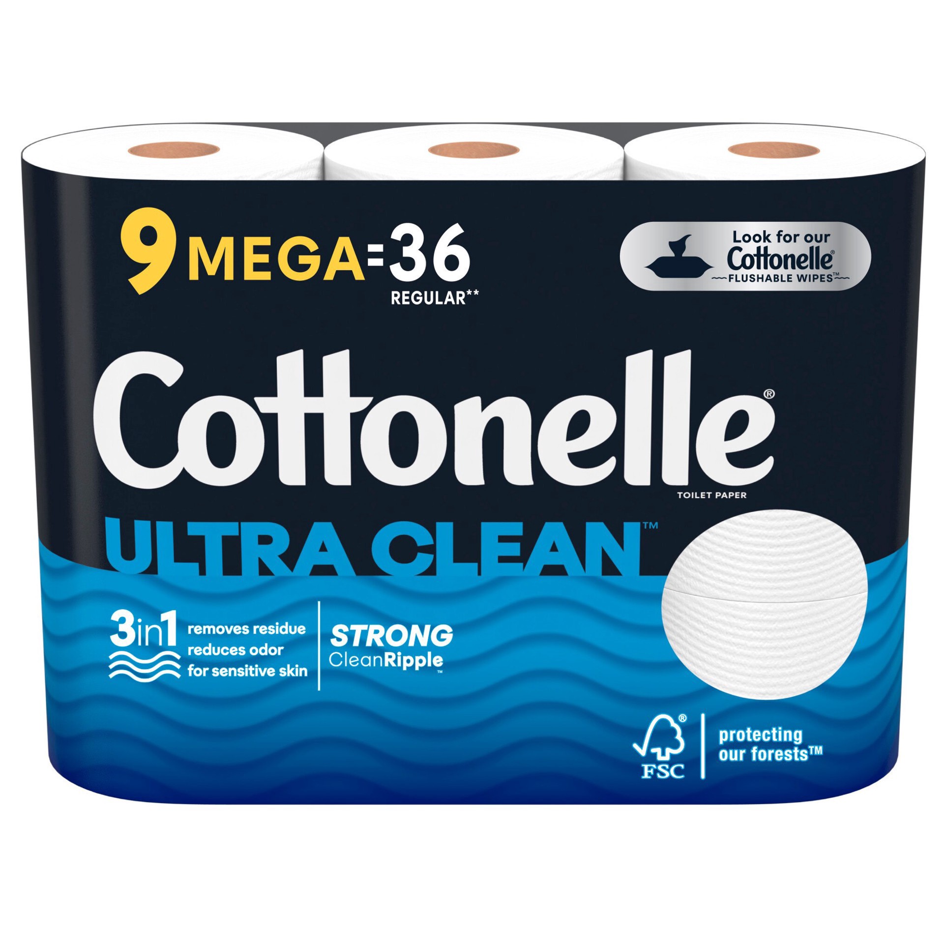 slide 1 of 1, Cottonelle Ultra Clean Toilet Paper, Strong Toilet Tissue, 9 Mega Rolls (9 Mega Rolls = 36 Regular Rolls), 284 Sheets Per Roll, 9 ct