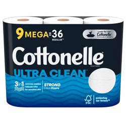 Cottonelle Ultra Clean Toilet Paper, Strong Toilet Tissue, 9 Mega Rolls (9 Mega Rolls = 36 Regular Rolls), 284 Sheets Per Roll