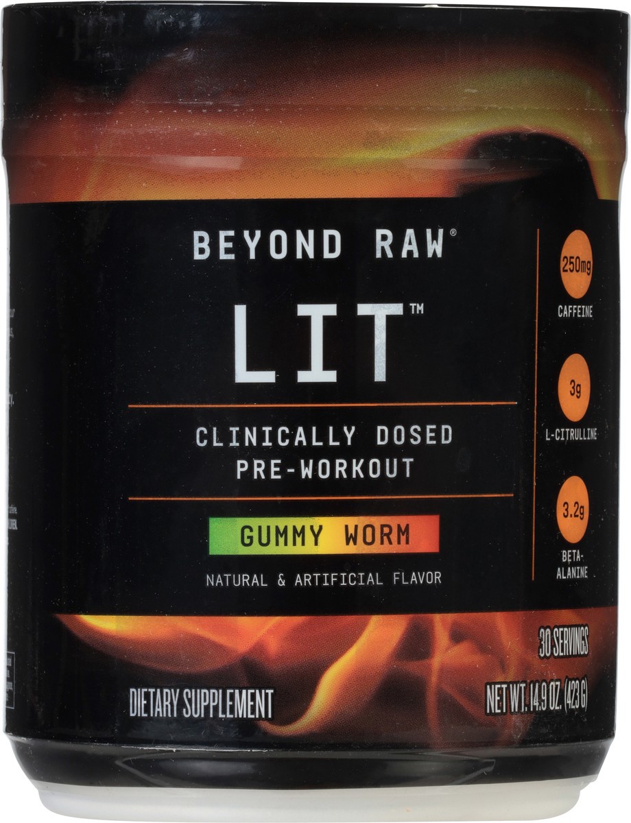 slide 5 of 9, Beyond Raw LIT Clinically Dosed Gummy Worm Pre-Workout 14.9 oz, 14.9 oz