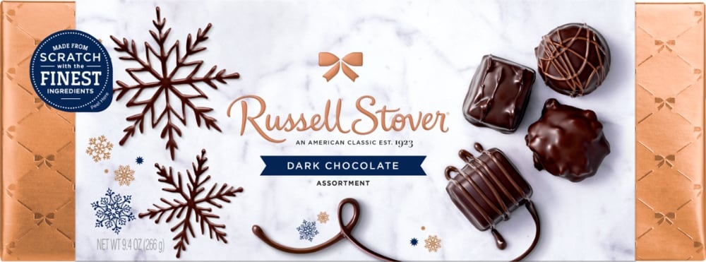 slide 1 of 1, Russell Stover Dark Chocolate Assortment Holiday Bowline Box, 9.4 oz