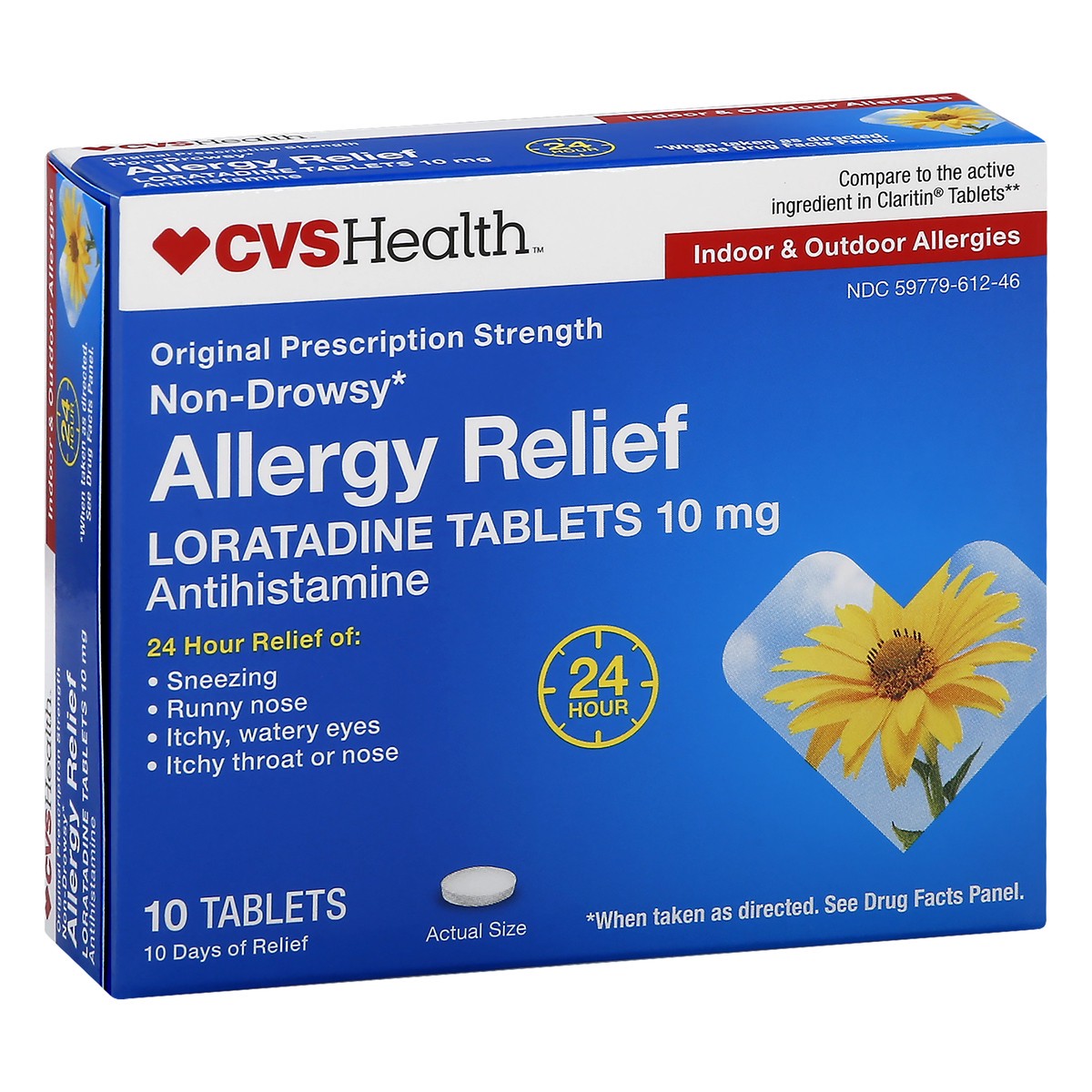 slide 4 of 10, CVS Health 24Hr Non Drowsy Allergy Relief Loratadine Tablets, 10 Ct, 10 ct