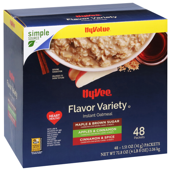 slide 1 of 1, Hy-Vee Instant Oatmeal, Flavor Variety 48-1.51 Oz, 72.8 oz
