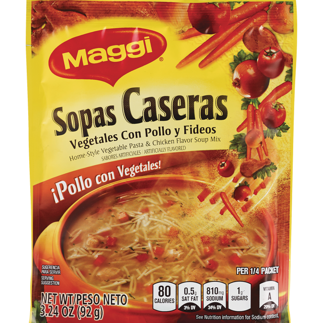 slide 1 of 1, Maggi Sopa Casera Vegetables con Pollo y Fideos Home Style Vegetable Pasta and Chicken Flavor Soup Mix, Instant Soup Packets, 3.24 oz
