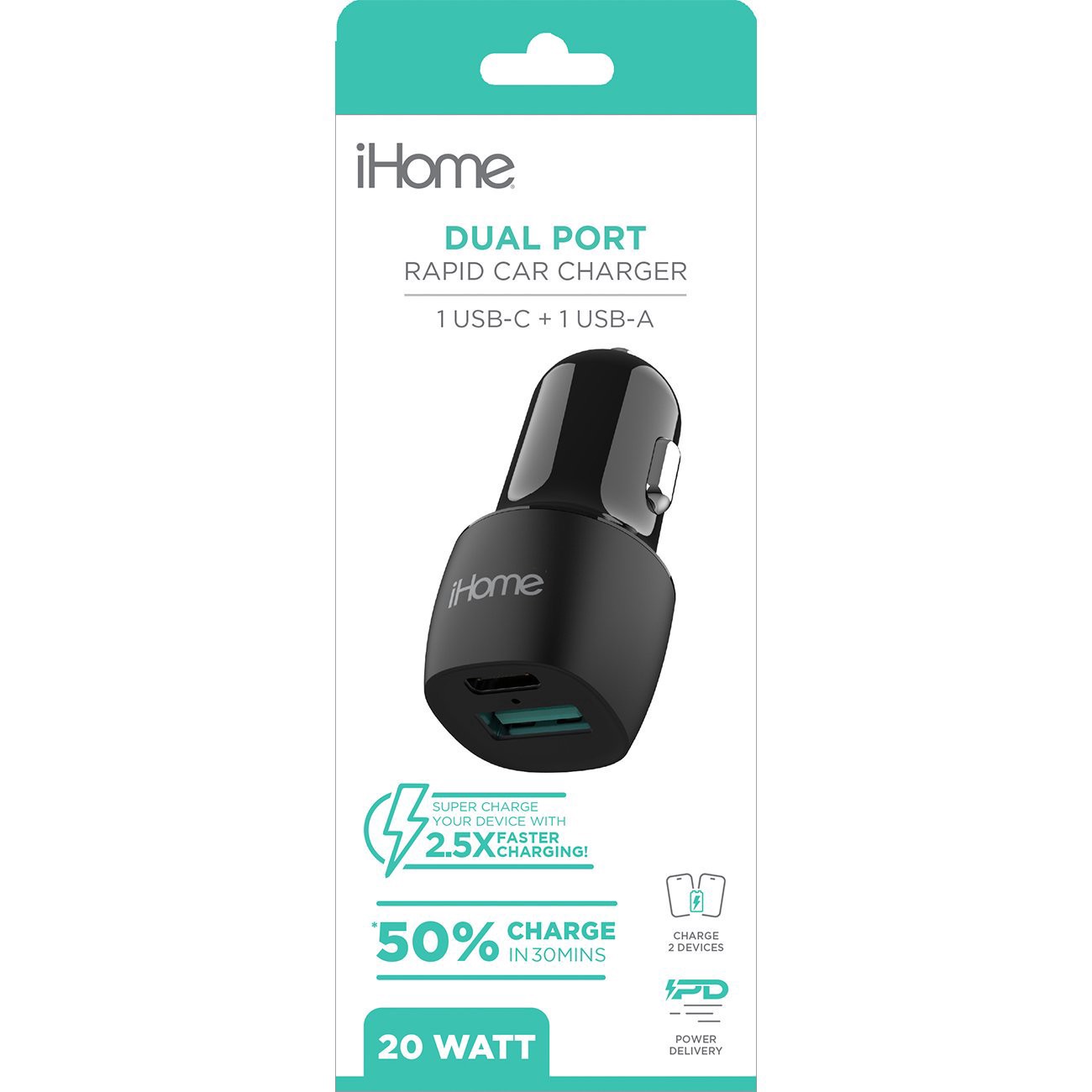 slide 1 of 1, iHome Dual Port Rapid Car Charger - Black, 1 ct