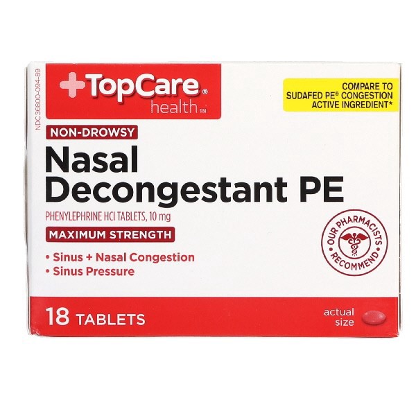 slide 1 of 12, TopCare Top Care Maximum Strength Nasal Decongestant Pe Tablets, 18 ct