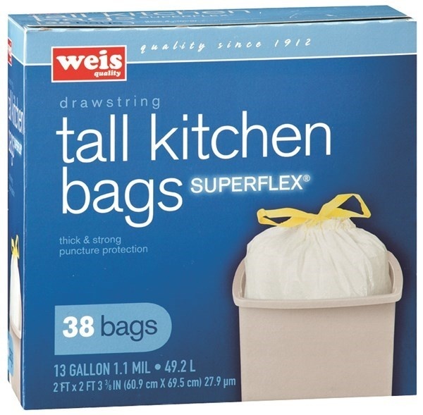 slide 1 of 1, Weis Quality 13 Gallon Tall Kitchen Bags with Drawstrings Super Flex, 38 ct