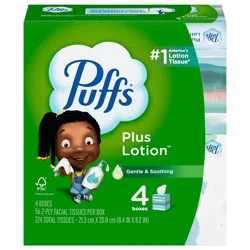 Puffs Plus Lotion Facial Tissues, 4 Cube Boxes, 56 Tissues Per Box