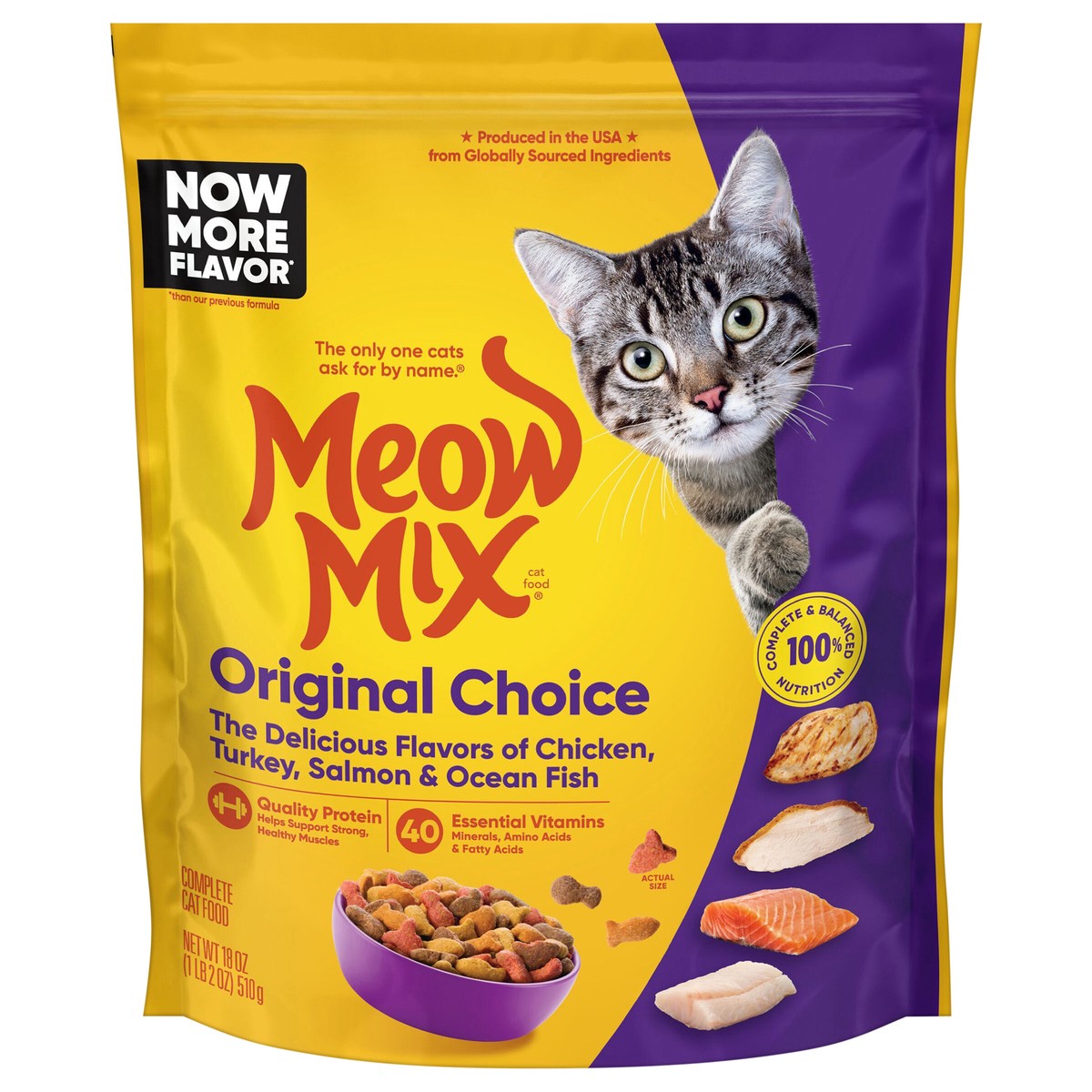 slide 1 of 6, Meow Mix Original Choice Dry Cat Food, 18 Ounce Resealable Pouch, 18 oz