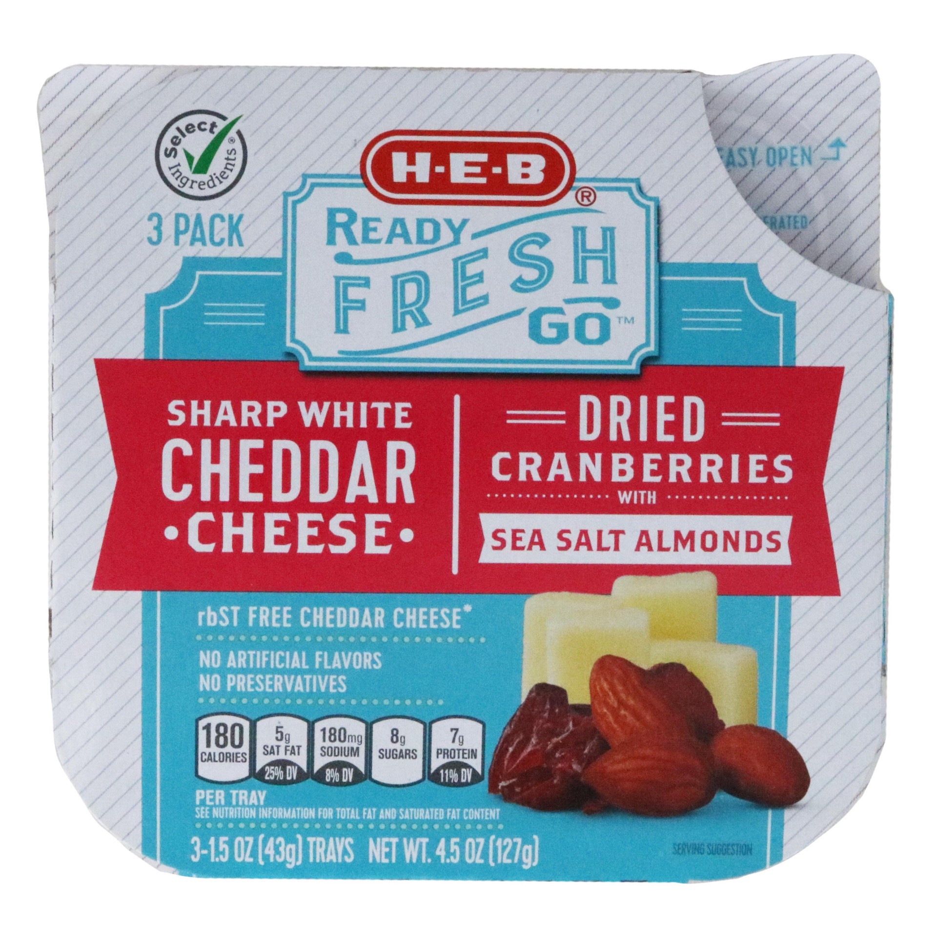 slide 1 of 1, H-E-B Select Ingredients Sharp White Cheddar Cheese with Cranberries & Almonds Snack Trays, 3 ct