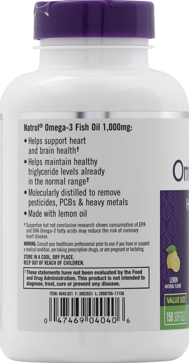 slide 4 of 4, Natrol, Omega-3 Fish Oil Softgels, Heart Health Dietary Supplement, 1000 mg, 150 Count, 150 ct