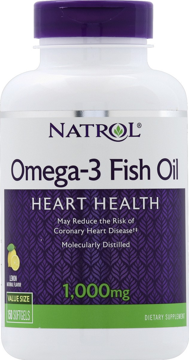 slide 3 of 4, Natrol, Omega-3 Fish Oil Softgels, Heart Health Dietary Supplement, 1000 mg, 150 Count, 150 ct