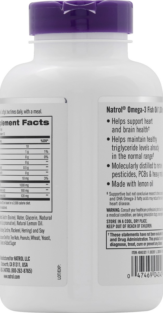 slide 2 of 4, Natrol, Omega-3 Fish Oil Softgels, Heart Health Dietary Supplement, 1000 mg, 150 Count, 150 ct