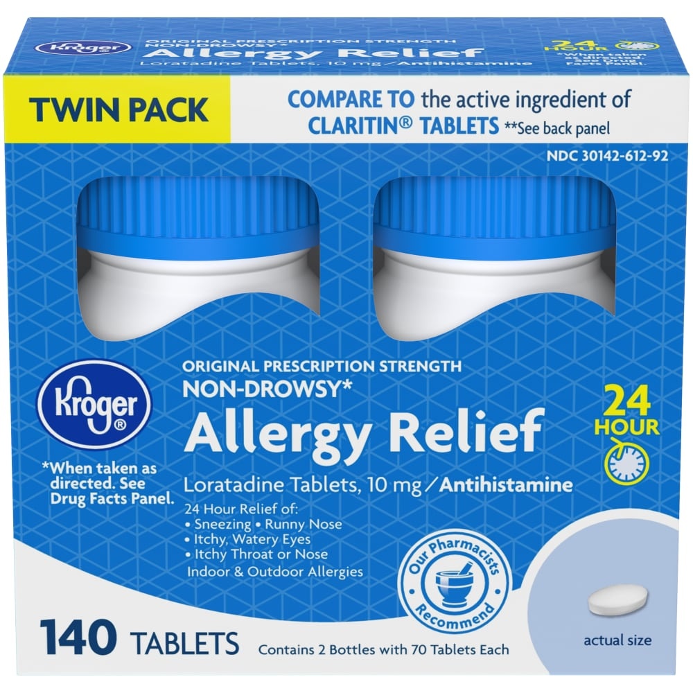 slide 1 of 1, Kroger Nondrowsy 24 Hour Allergy Relief Tablets Twin Pack, 2 ct  70 ct