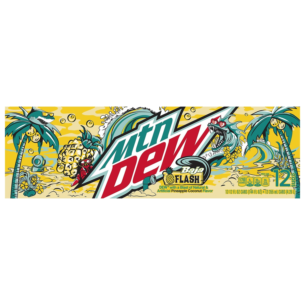 slide 1 of 1, Mountain Dew Baja Flash DEW Pineapple Coconut Flavor - 12 ct; 12 fl oz, 12 ct; 12 fl oz