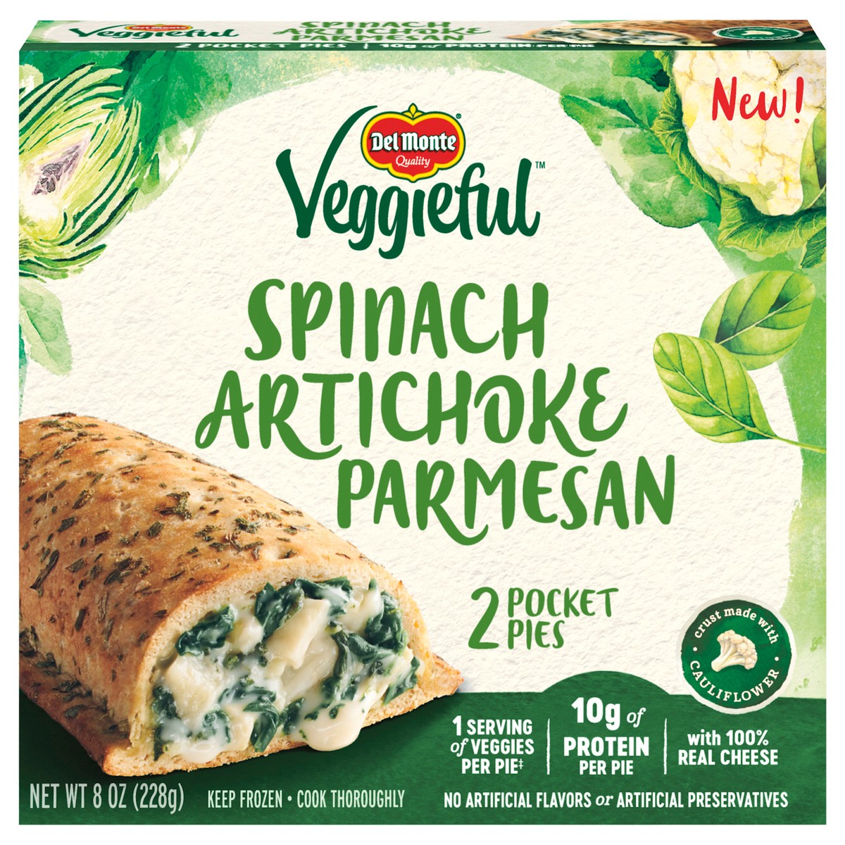 slide 1 of 3, Del Monte Veggieful Frozen Pocket Pies Spinach Artichoke Parmesan - 8oz,