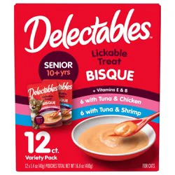 Hartz Delectables Bisque Senior Tuna, Chicken & Shrimp Lickable Cat Treats Variety Pack, 12ct