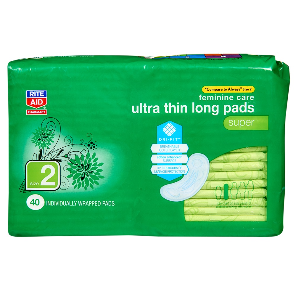 slide 1 of 3, Rite Aid Long Ultra Thin Pads with Wings, Super, 40 ct