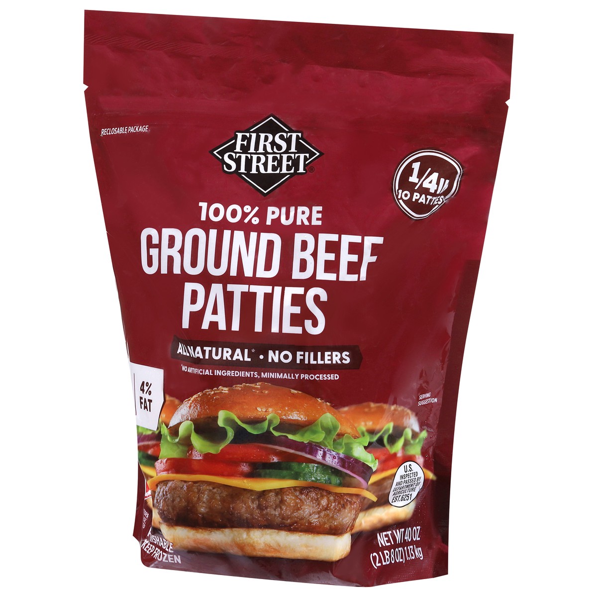 slide 3 of 3, First Street 96/4 Beef Patties, 40 oz