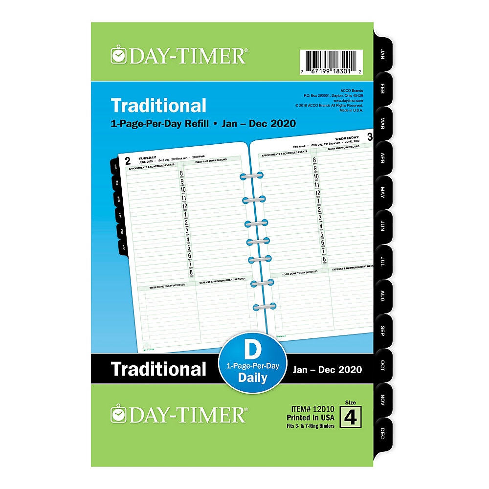 slide 1 of 1, Day-Timer Classic Daily Refill, Desk Size, 5-1/2'' X 8-1/2'', January To December 2020, 120102001, 1 ct