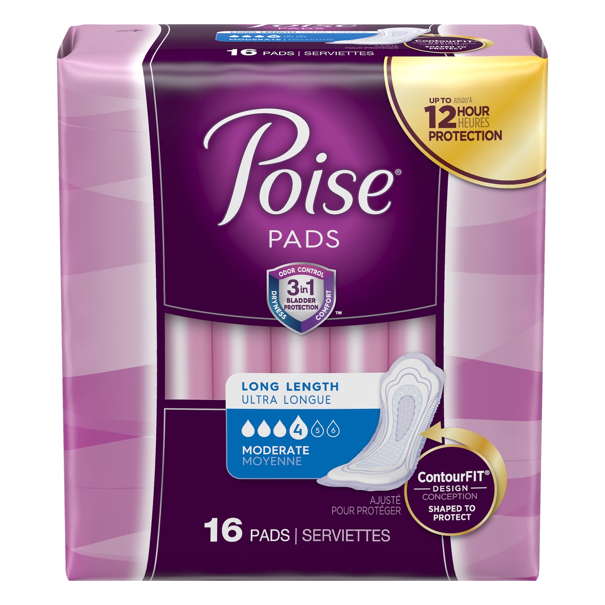 slide 1 of 3, Poise Moderate Absorbency Long Pads, 16 ct